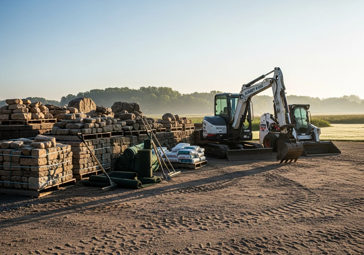 Outdoor equipment and tools staged for excavation and landscaping projects; heavy machinery and site preparation materials visible.