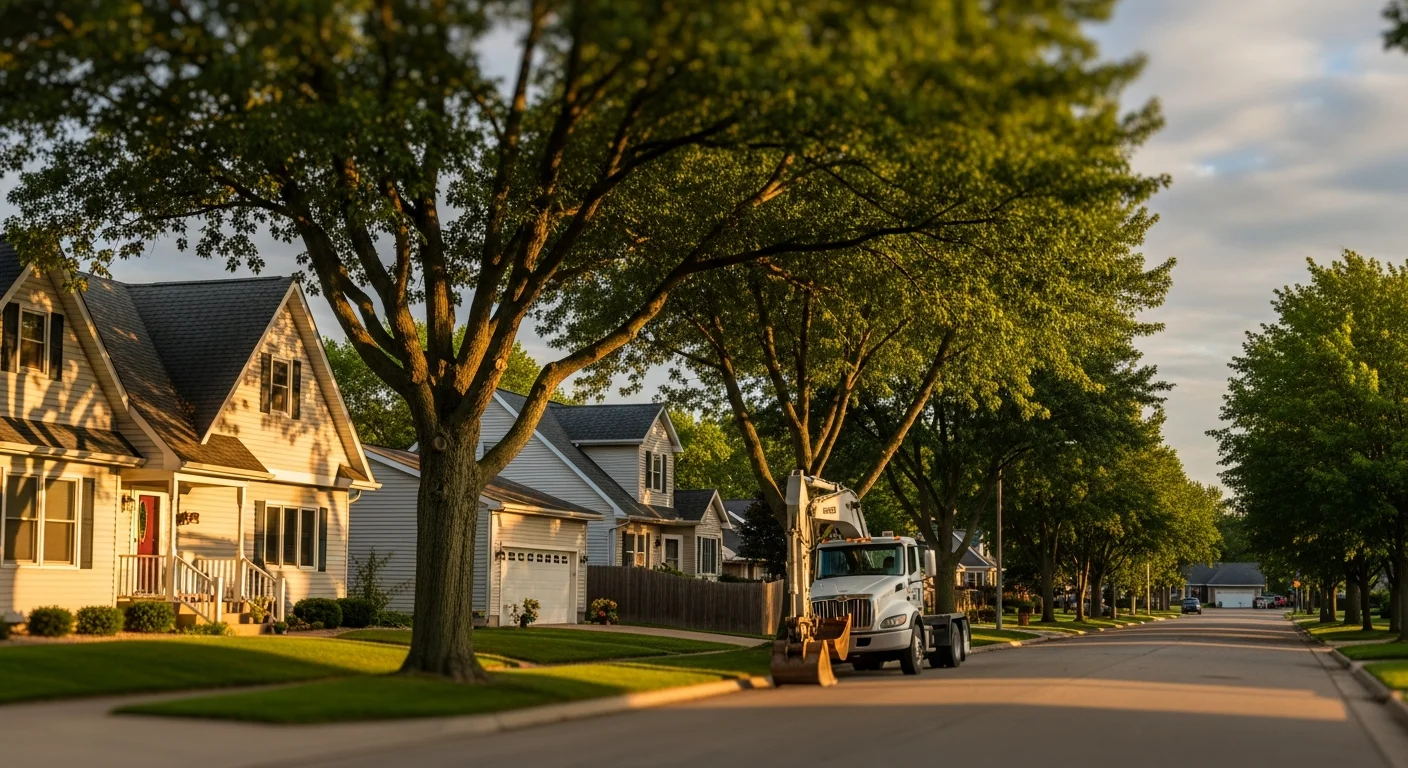 Residential street in Hudson, WI with mature trees and well-maintained homes along a quiet neighborhood road.