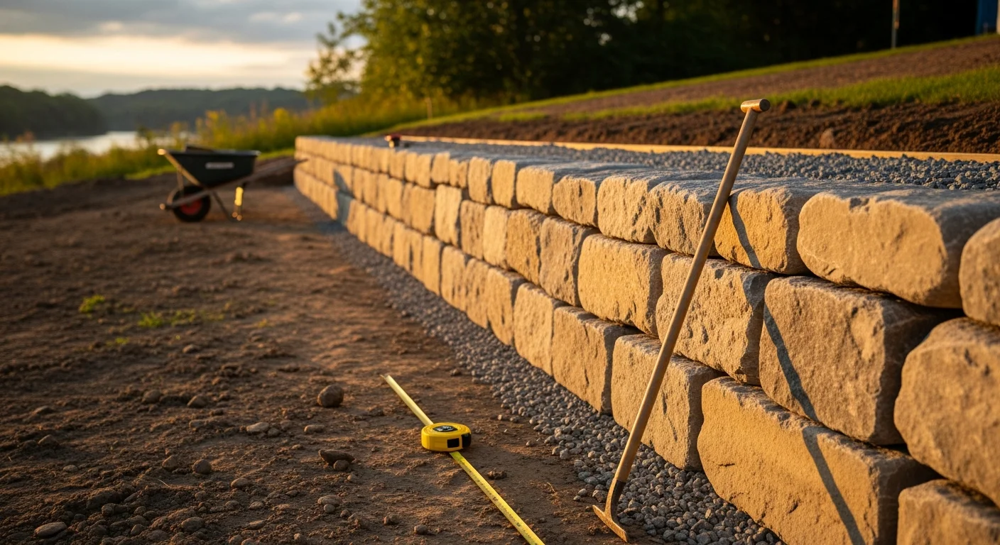 A completed natural boulder retaining wall on a residential sloped yard in Hudson, WI, with large stacked stones holding back a graded hillside. The wall runs along the edge of a lawn area with native ground cover visible at the base.