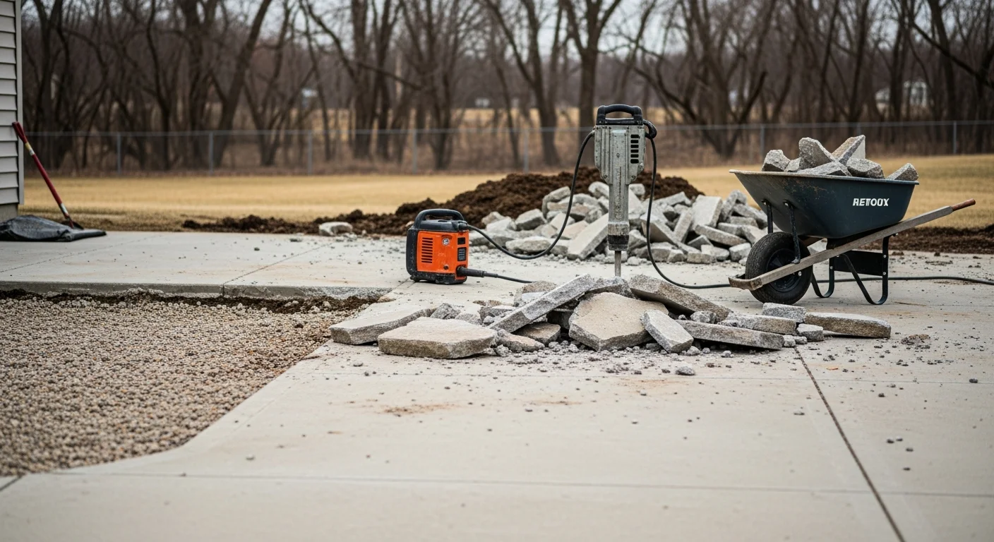 A concrete driveway slab broken into large chunks by demolition equipment at a residential property in Hudson, WI. Debris is staged for hauling with a cleared dirt surface visible beneath the removed concrete.