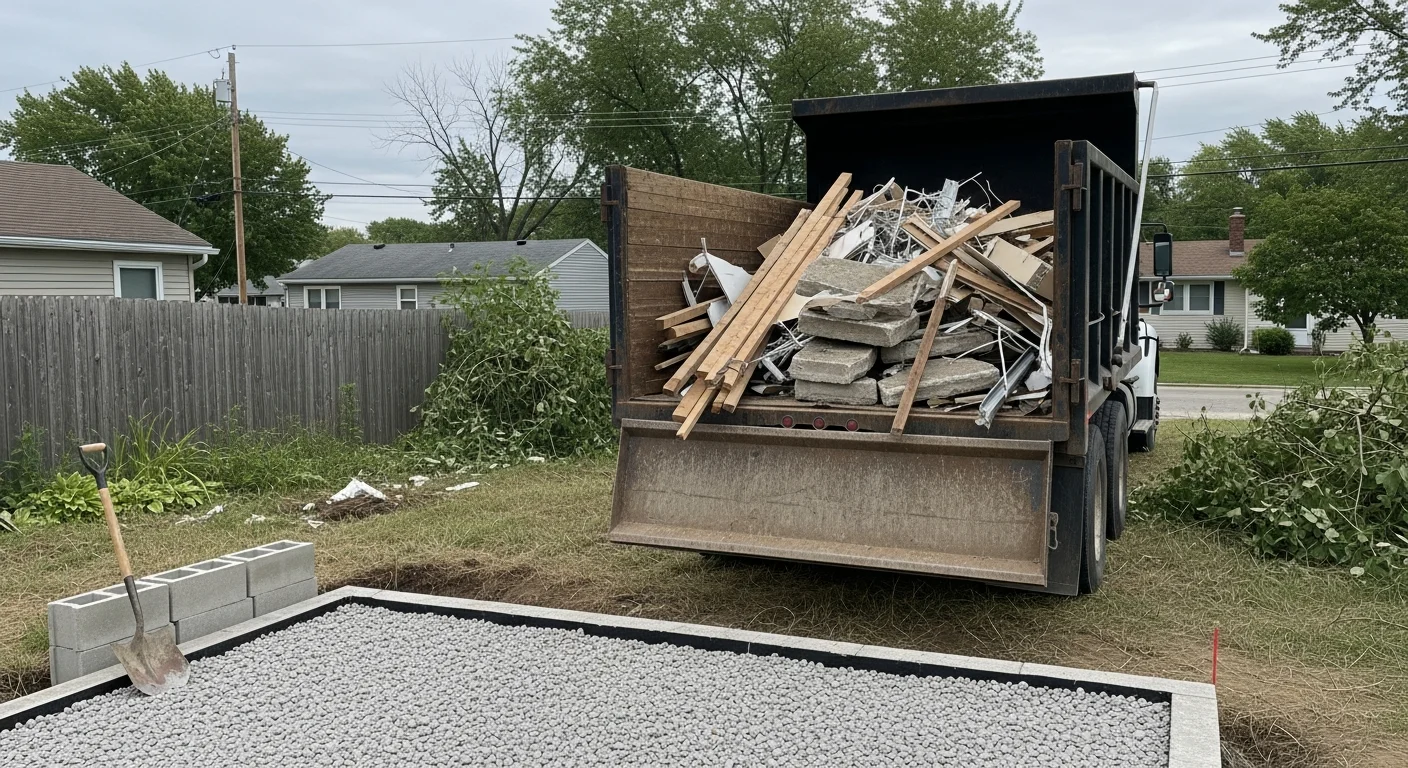 A cleared demolition site in Hudson, WI with all concrete rubble, lumber, and mixed construction debris loaded into a haul truck. The lot is clean and level after a full debris removal service by Scobey 4 Hire.