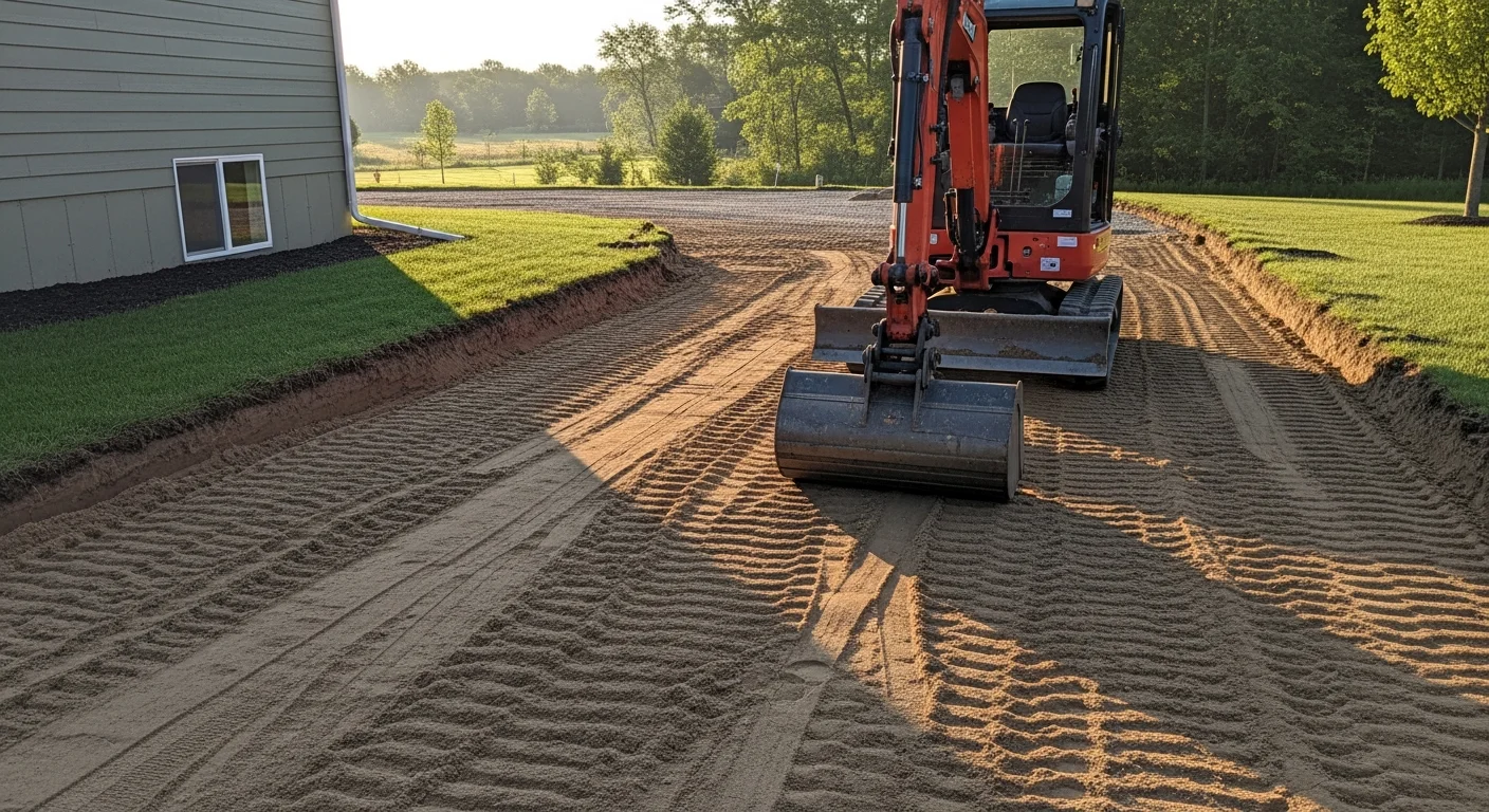 A residential driveway in Hudson, WI after professional grading by Scobey 4 Hire, showing a smooth, evenly sloped surface with no standing water or low spots. An excavation machine is visible at the edge of the property on rolling terrain typical of the St. Croix River valley area.