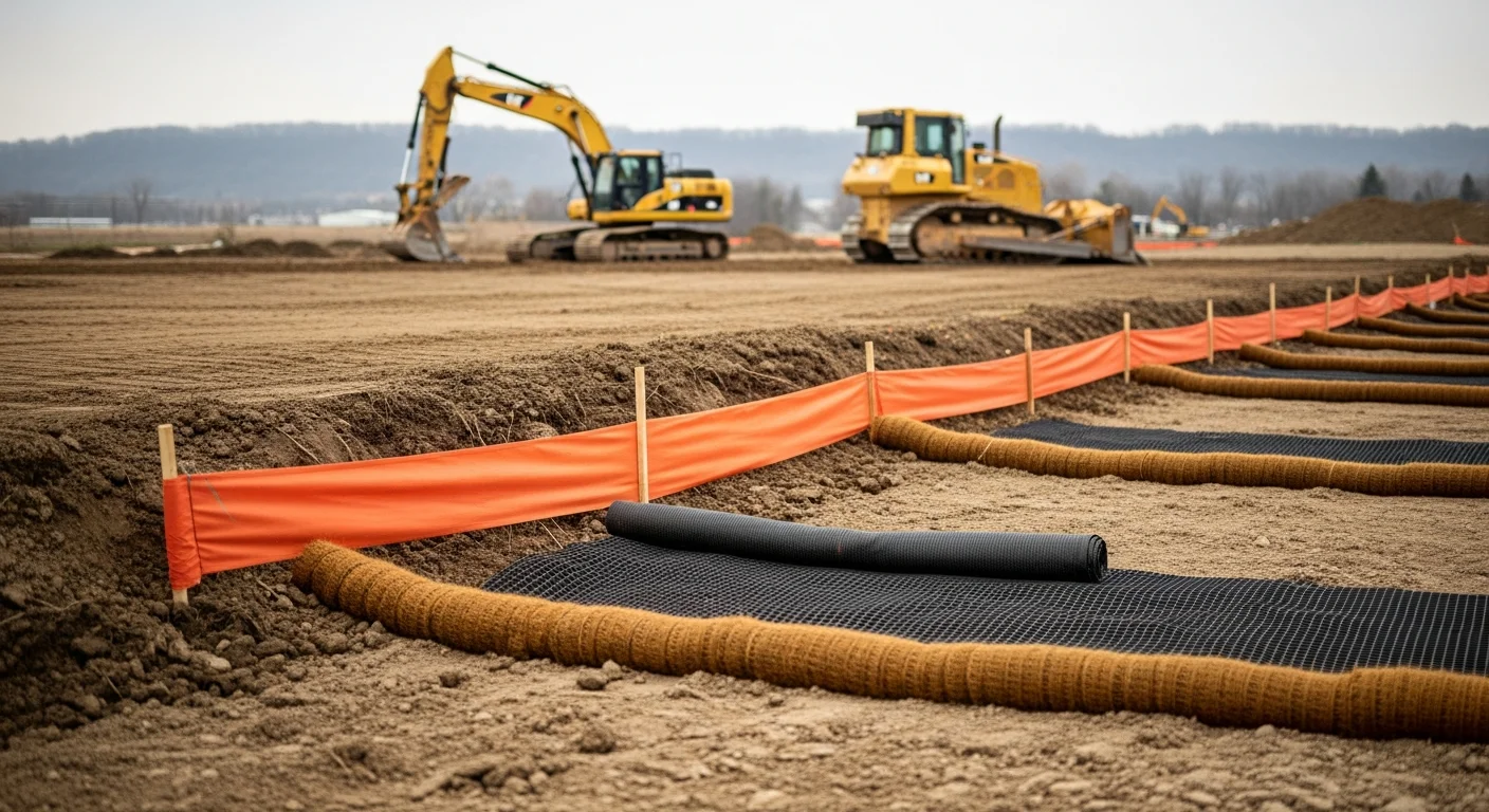 Silt fencing and sediment barriers installed along the perimeter of a cleared demolition site in Hudson, WI. Bare soil is visible on the graded lot with erosion control measures in place along the downslope edge.