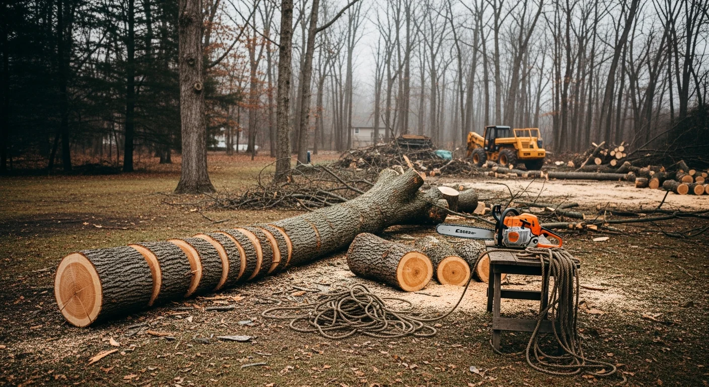 A large fallen tree with exposed root ball lying across a residential backyard in Hudson, Wisconsin, with a crew preparing to section the trunk for removal. The surrounding lawn and fence line remain intact during the clearing process.