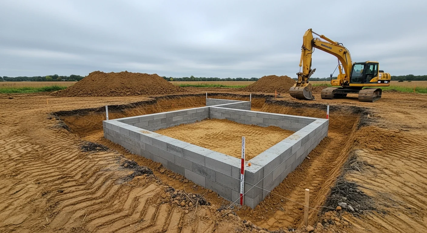 A large rectangular foundation excavation cut into soil on a residential lot in Hudson, WI, with clean vertical walls and a level base ready for concrete forming. Heavy excavation equipment is visible at the edge of the dig site.