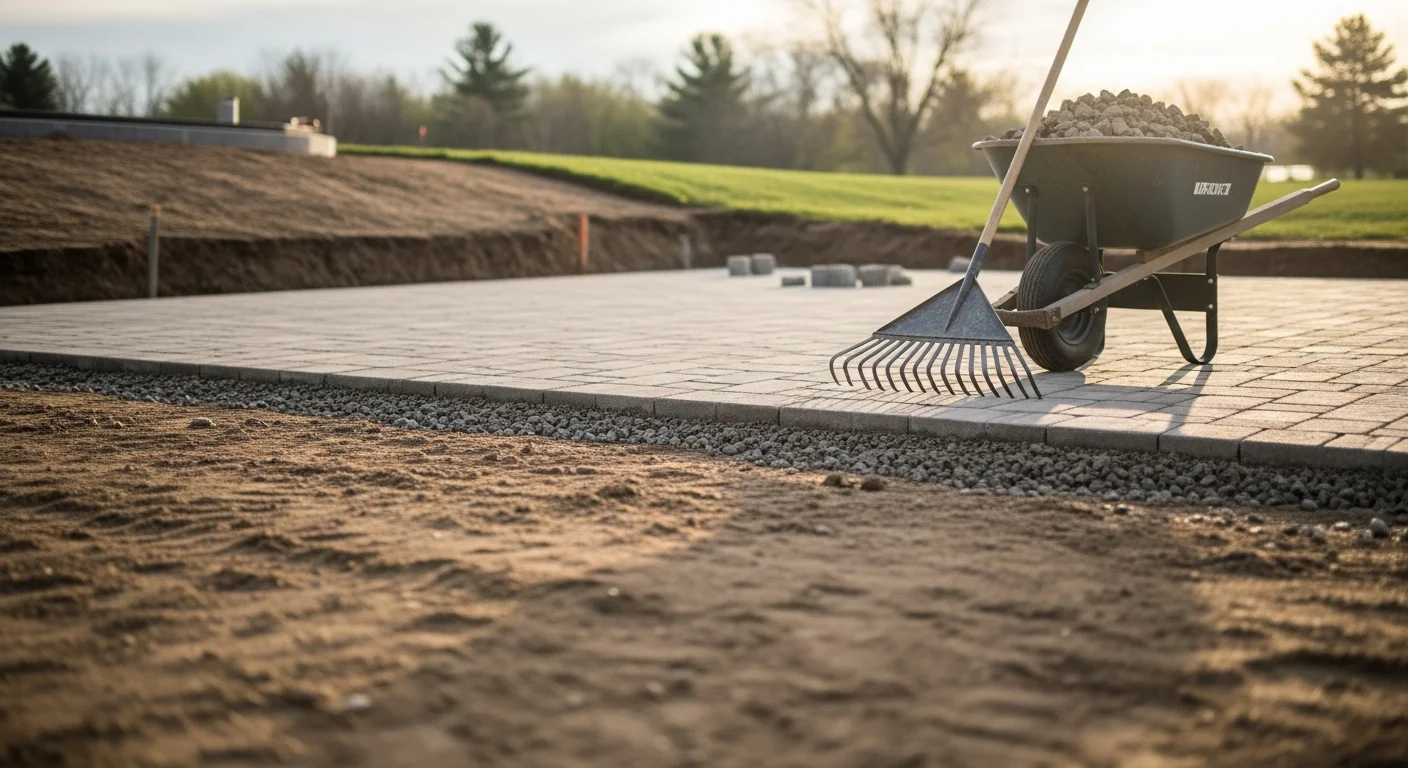 A finished paver patio and stone walkway installed by Scobey 4 Hire at a residential property in Hudson, WI, with a retaining wall along a sloped backyard edge. The hardscape surfaces are level and bordered by graded lawn, showing a clean transition between structure and yard.
