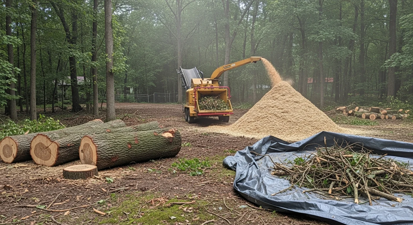 A large storm-damaged oak tree being sectioned and removed from a residential yard in Hudson, WI, with cut wood sections on the ground and a cleared work zone around the home. Crew equipment and rigging visible near the trunk base.
