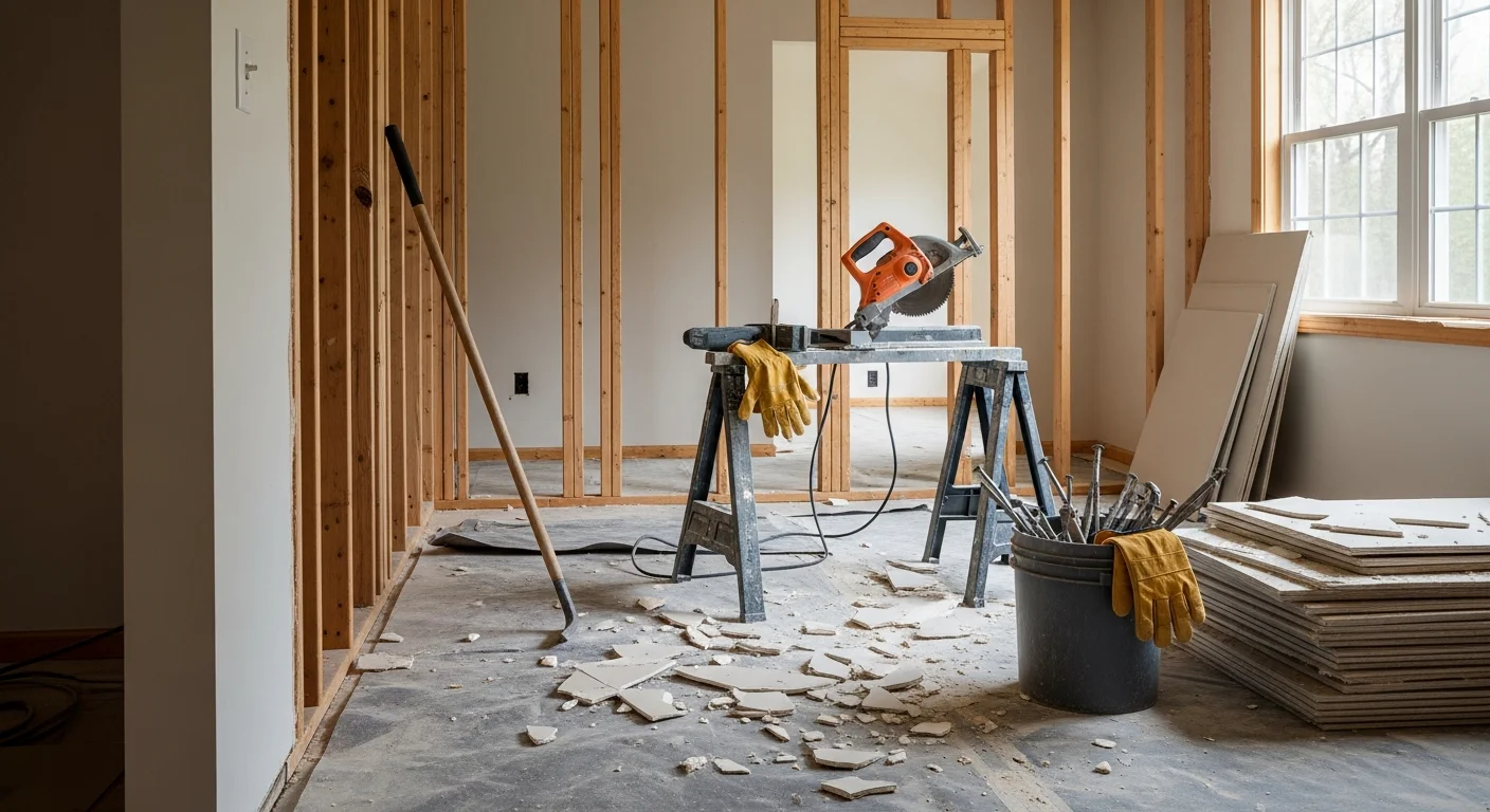 Interior of a Hudson, WI home mid-demolition with walls stripped to the studs and flooring removed down to the subfloor. Debris is staged near the doorway ahead of removal by the Scobey 4 Hire crew.