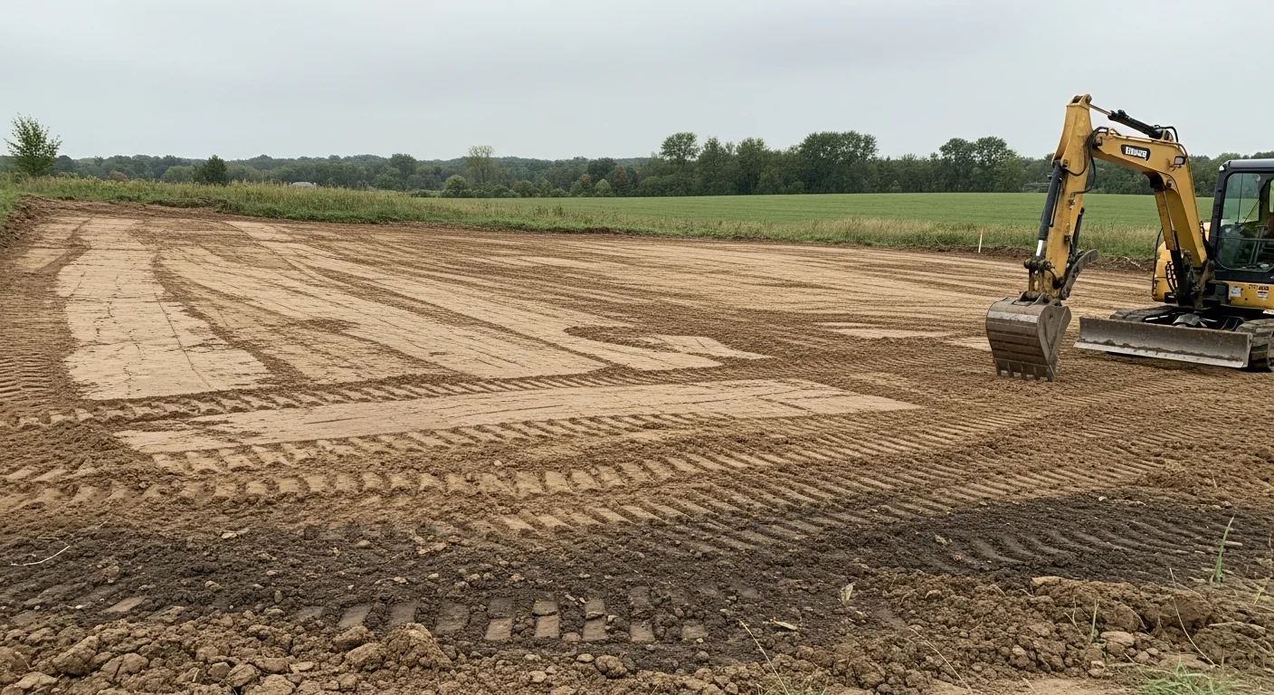 A graded residential lot in Hudson, WI with freshly shaped and compacted soil sloping away from a home's foundation. Heavy equipment tracks are visible across the leveled earth, showing recent excavation and grading work.