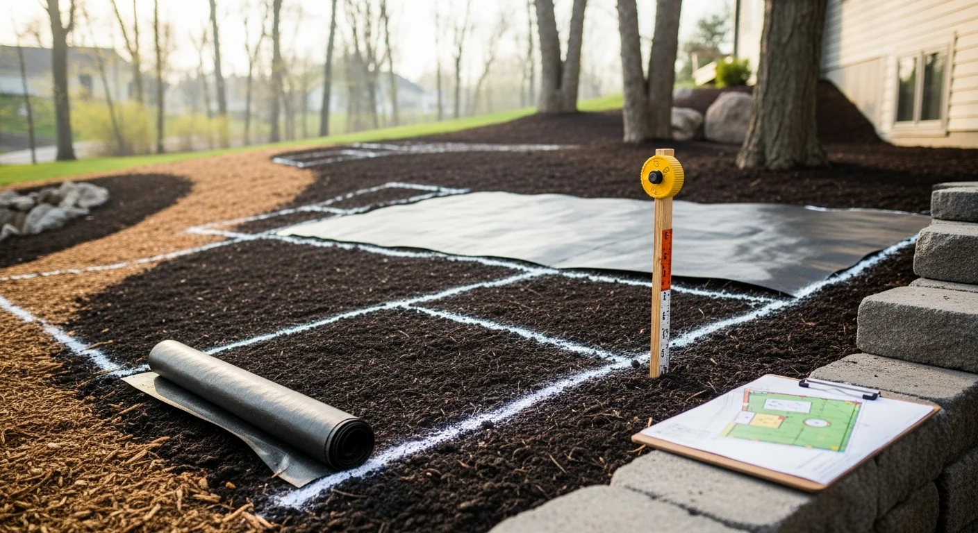 A freshly designed residential front yard in Hudson, WI featuring layered plant beds, defined garden borders, and a clear lawn area. The landscape shows a mix of hardy perennials and structured plantings suited to Wisconsin's four-season climate.