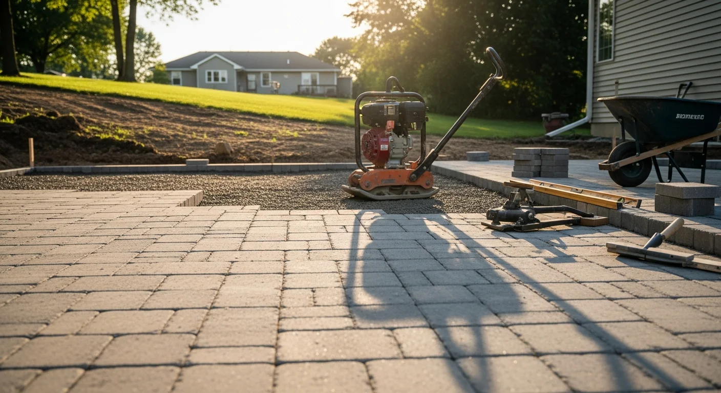 A freshly installed paver patio in a residential backyard in Hudson, WI, with a level surface, clean edge lines, and surrounding lawn. The patio is sized for outdoor seating and shows proper grading away from the home's foundation.