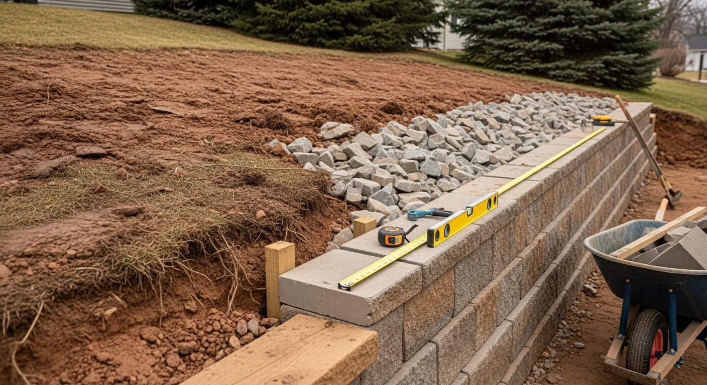 A newly constructed retaining wall holding back a sloped residential yard in Hudson, WI, with clean grading and level ground created behind the wall. The wall runs along a backyard hillside with fresh soil and lawn visible above the structure.
