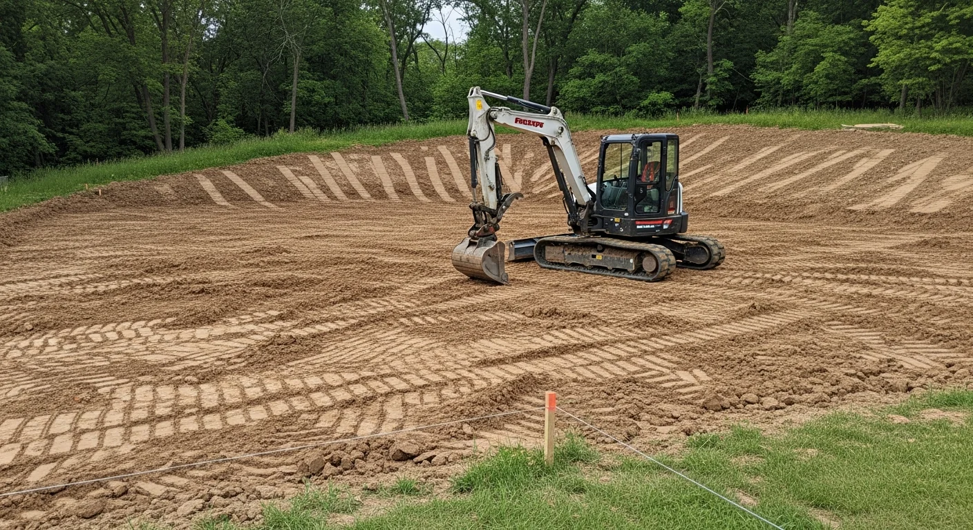 A freshly graded and cleared residential lot in Hudson, WI with compacted soil ready for foundation work. An excavator sits to the side of the leveled building pad on a sunny day.