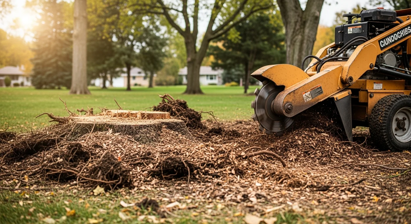 A freshly ground tree stump in a residential Hudson, WI backyard, with wood chips filling the hole and surrounding grass left intact. The cleared area shows level ground where a large stump previously stood near a wood privacy fence.