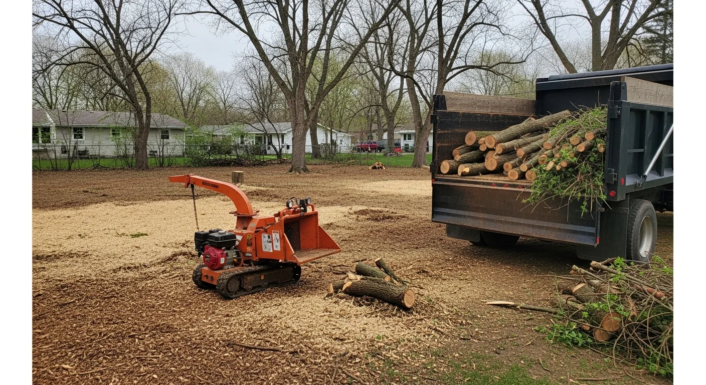 A Hudson, WI residential backyard after tree debris removal, showing a cleared lawn with no remaining branches or brush. A pile of hauled logs and limbs sits beside a work truck at the property edge.