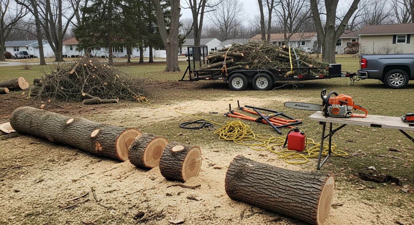 A large dead oak tree being removed in sections from a residential yard in Hudson, WI, with a cleared lawn and intact fence visible in the background. A crew member on the ground guides cut sections away from the home's roofline.