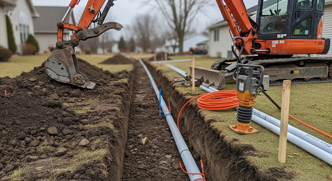 A narrow utility trench cut through a residential yard in Hudson, WI, showing clean sidewalls and a water line laid at depth. Excavated soil is staged to the side ahead of backfill and compaction.